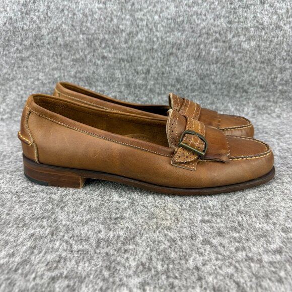 ✅Womens 10N Lands End Brown Leather Moc toe Loafers Fringe Buckle Casual Shoes - Picture 7 of 10